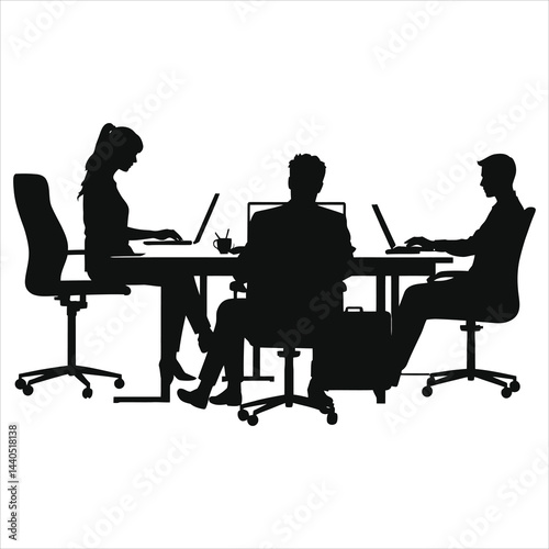 A  vector silhouette of three people seated around a conference table, working on laptops.//Silhouette of Business People in a Meeting..