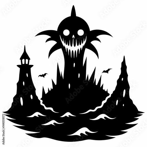 Haunted Island with Spooky Monster and Lighthouse Silhouette