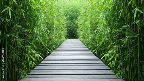 Serene Bamboo Forest Path, Wooden Walkway