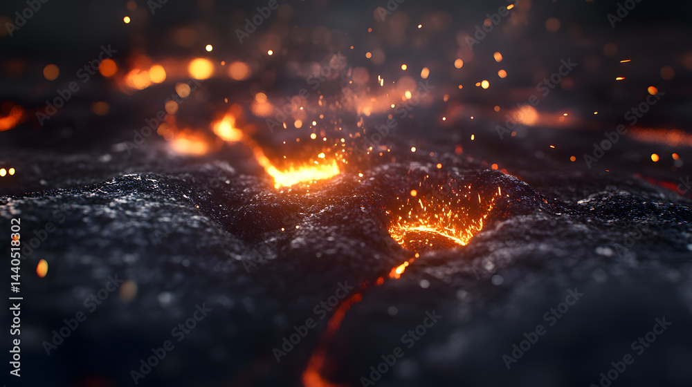 Fototapeta premium Close-up of molten lava bubbling with glowing sparks flying into the air.