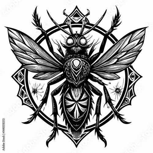 Intricate Black and White Wasp Illustration with Geometric Mandala Design