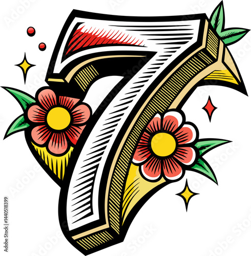 Retro Floral Number Seven  with Vintage Flowers and Leaves