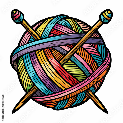 Colorful Yarn Ball with Knitting Needles Vibrant Illustration