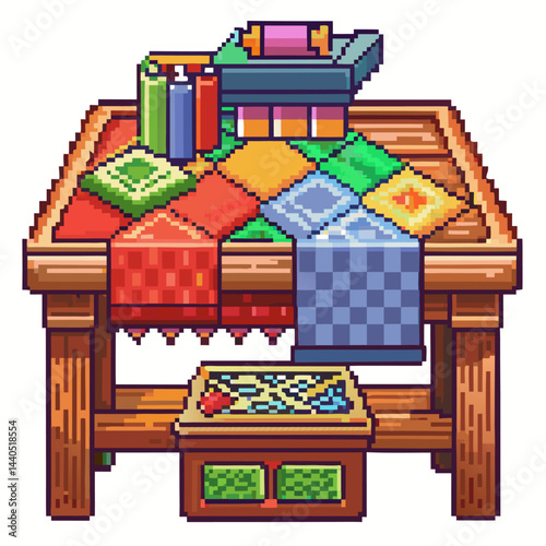 Colorful Pixel Art Sewing Table with Quilts and Craft Supplies
