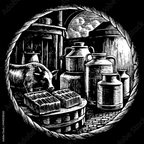 Rustic Farmhouse Scene with Pig, Milk Churns, and Bread in Vintage Woodcut Style