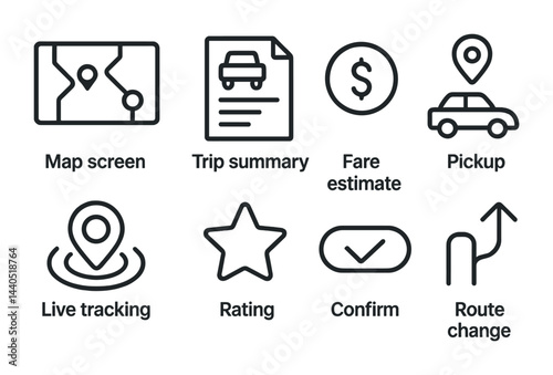Ride-sharing and navigation icon set – outline style transport, travel app symbols for drivers and passengers: map screen, trip summary, fare estimate, pickup, live tracking.