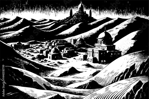 Black and White Desert Landscape with Ancient Architecture and Rolling Hills