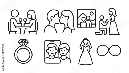 Wedding and romance outline icons – linear style engagement, relationship, and marriage symbols for love themes: couple, kiss, proposal, ring, selfie, bride, infinity.
