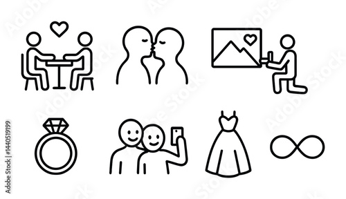 Romantic relationships linear icon set - outline style love, engagement, and couples symbols for valentine's: couple dining, kiss, proposal, ring, selfie, dress, infinity