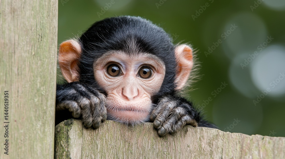 Fototapeta premium Adorable Baby Monkey Peeking Over Fence