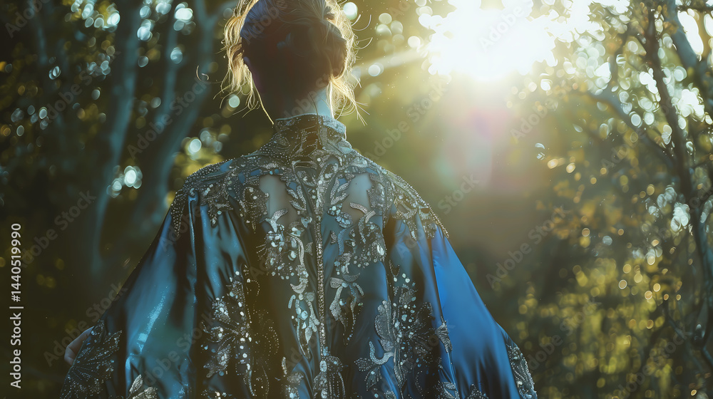 Fototapeta premium aura indigo rococo-inspired cape with metallic detailing, backlit editorial shot, soft glow