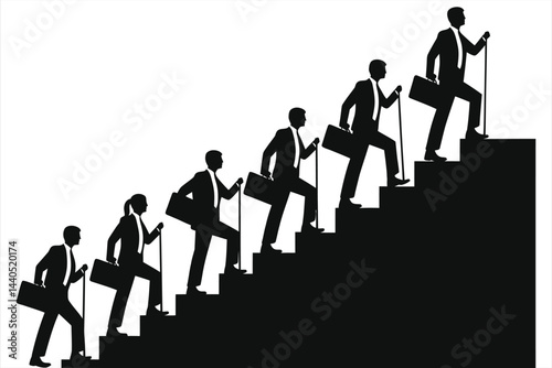 Silhouette illustration of multiple business professionals ascending a staircase, conveying ambition and career advancement./Business Professionals Climbing a Stairway to Success