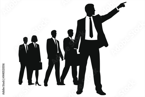 A vector silhouette showcases a confident business leader pointing towards a bright future, while other team members follow in a supportive line./Business Leader Guiding Team Towards Success