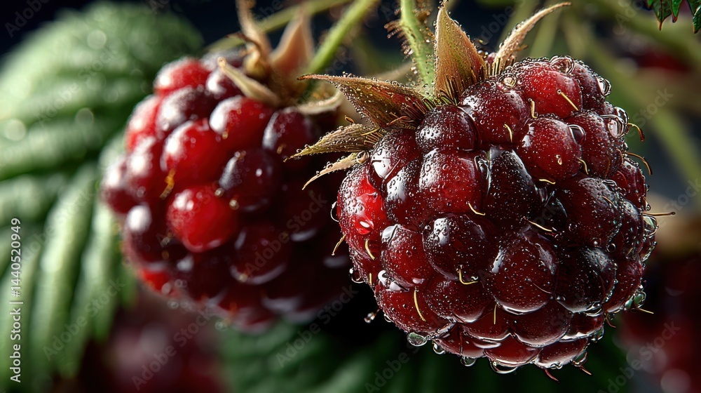 Close up macro shot of fresh dew covered ripe raspberry fruits Close up macro shot of fresh dew covered ripe raspberry fruits