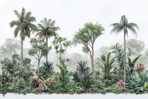 Fototapeta Naklejka Na Ścianę i Meble -  Lush tropical foliage and palm trees in misty scene