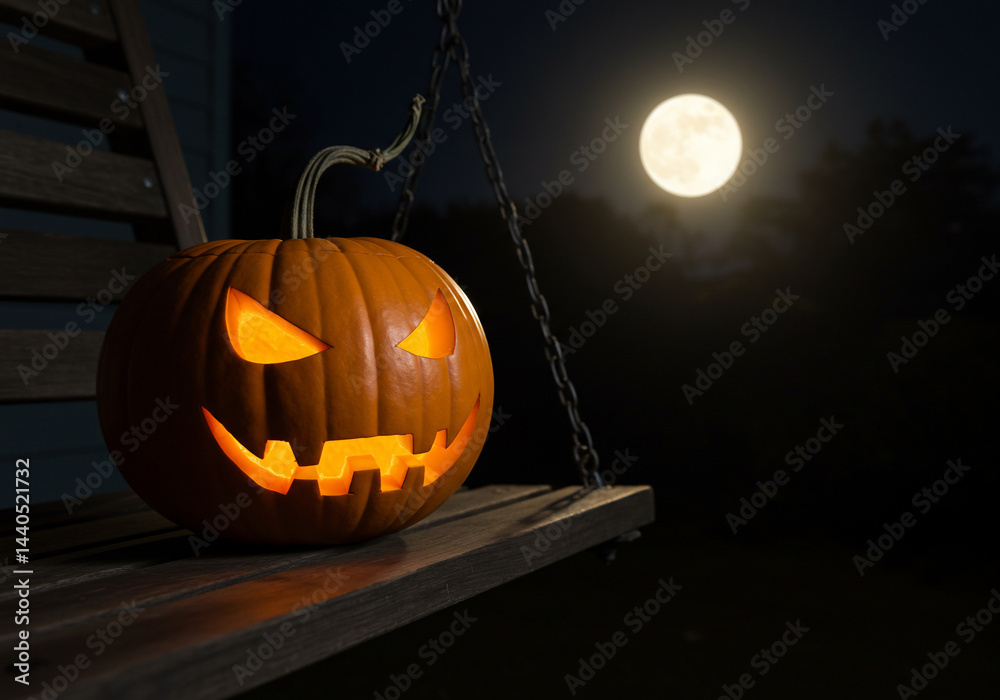 Fototapeta premium Carved Halloween pumpkin on a swing with a full moon in the background, spooky holiday concept.