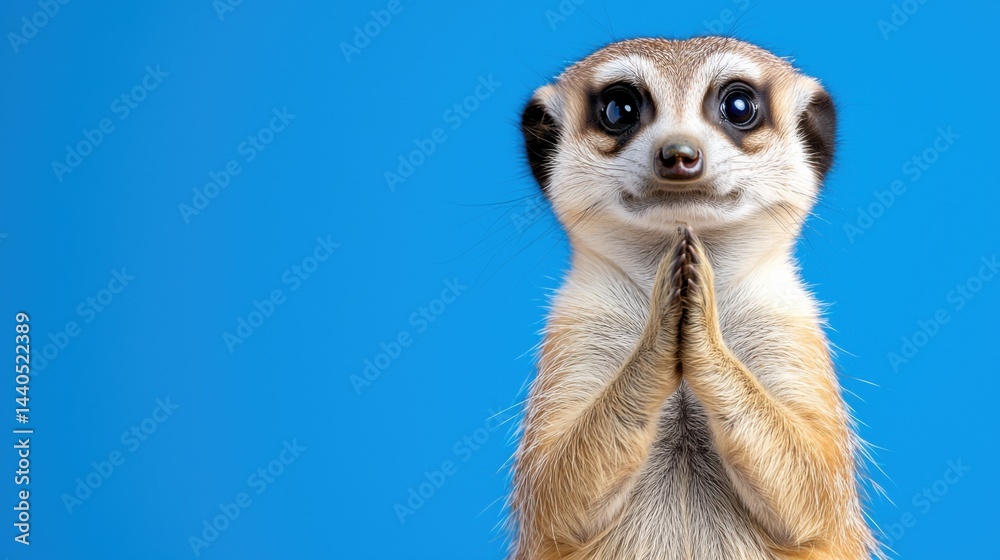 Fototapeta premium Cute Meerkat Praying on Blue Background