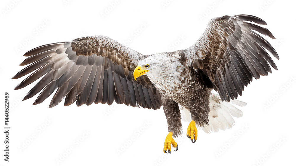 A soa bald eagle displays its wingspan isolated against white backdrop.