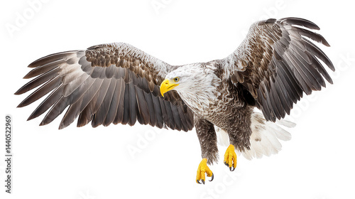 Obraz na płótnie A soa bald eagle displays its wingspan isolated against white backdrop. w salonie