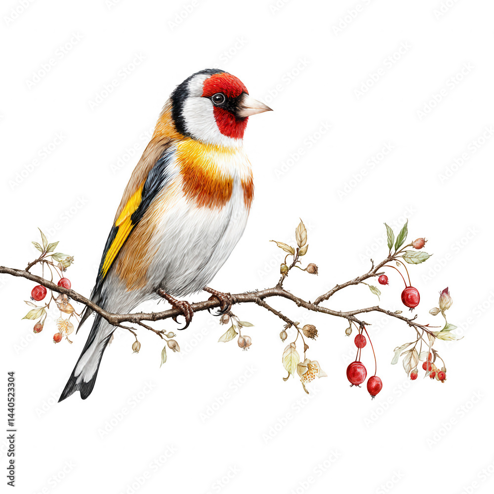 A colorful goldfinch perches gracefully on a branch with bright red berries.