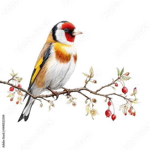 Obraz na płótnie A colorful goldfinch perches gracefully on a branch with bright red berries. w salonie