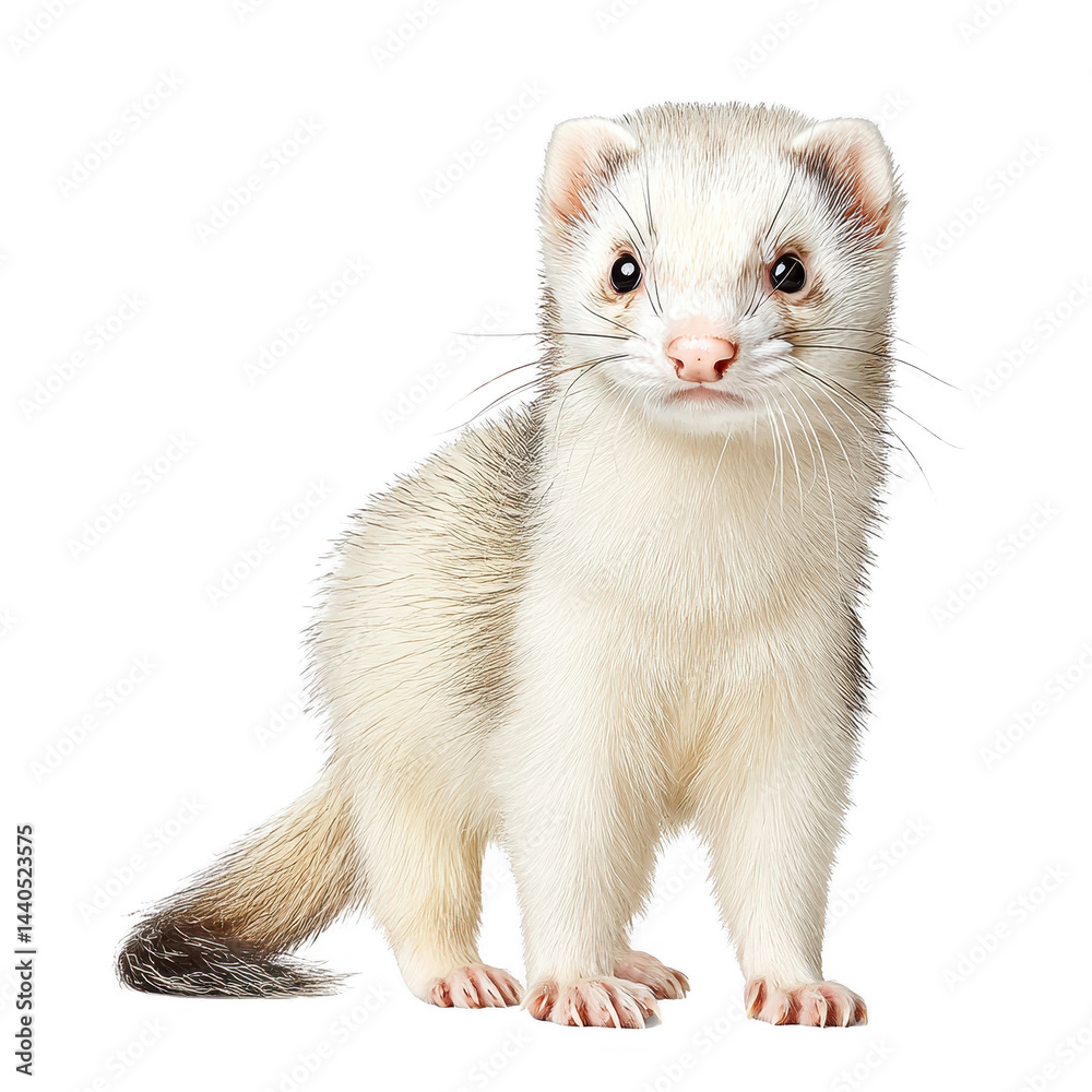 A digitally designed albino ferret stands against a plain white background.