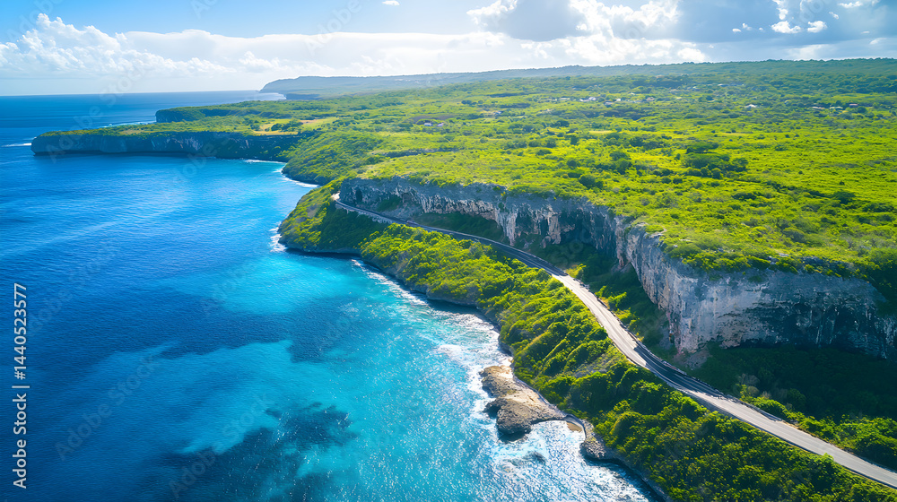 Fototapeta premium From an aerial view, the winding river cuts through the green landscape under a vast sky