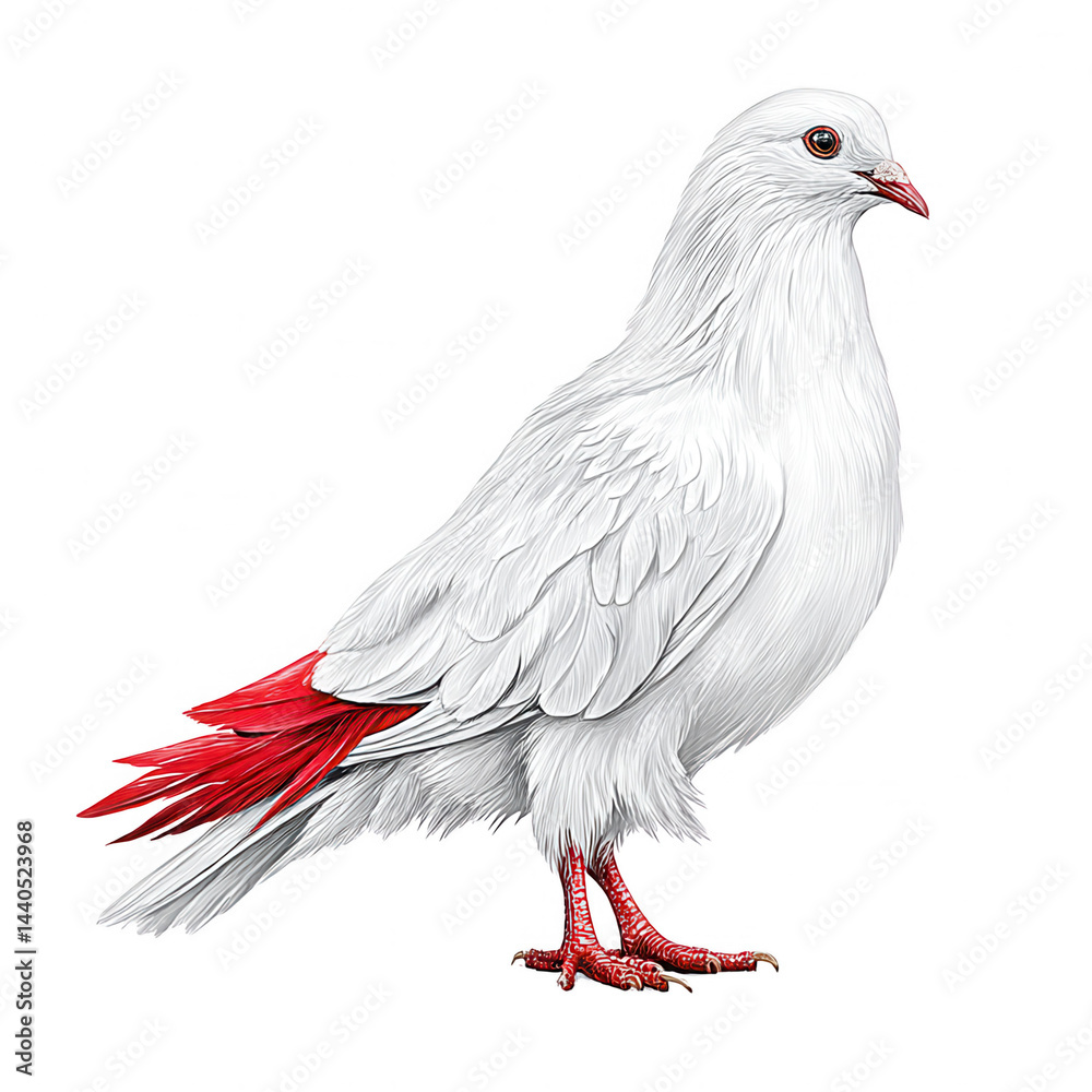 White pigeon with distinctive red tail and feet stands on plain backdrop.