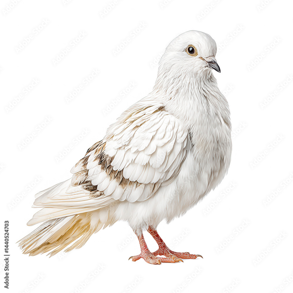 A beautiful white pigeon stands gracefully on a white isolated background.