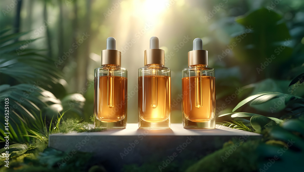 Three elegant glass dropper bottles filled with golden oil, set against a lush, green background, radiating luxury and natural beauty. Three elegant glass dropper bottles filled with golden oil, set against a lush, green background, radiating luxury and natural beauty.