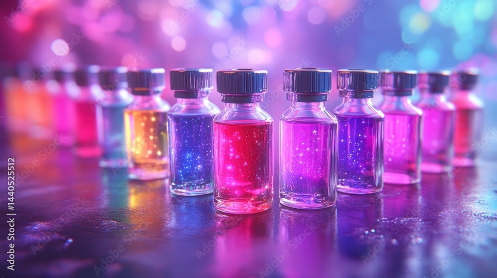 Colorful vials lined up on a surface Colorful vials lined up on a surface