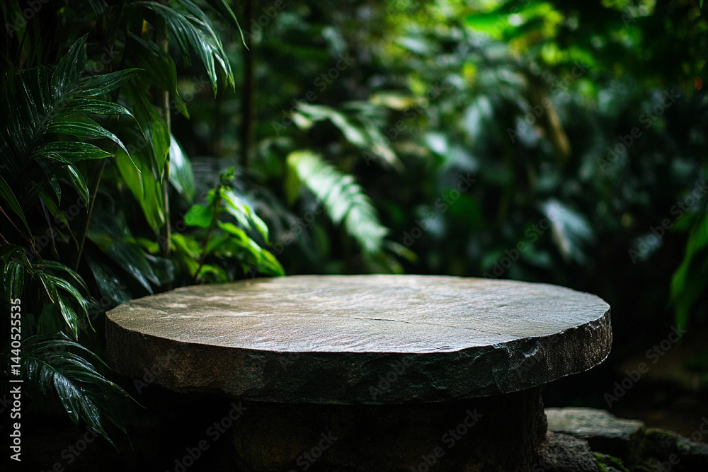 stone platform table top with green blurred jungle background, concept display cosmetic, product, advertising stone platform table top with green blurred jungle background, concept display cosmetic, product, advertising