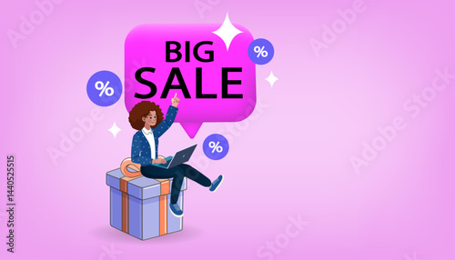 People receive gifts. People with large gift cards. Girl holding a megaphone sitting on a gift box. discount, promotion, present concept. celebrating holidays. loyalty program. vector illustration