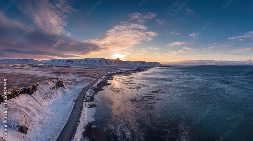 Fototapeta premium Icelandic coast road glistens under sunset