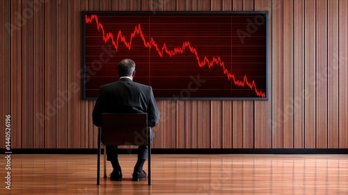 Businessman seated in office, observing declining stock market graph on screen