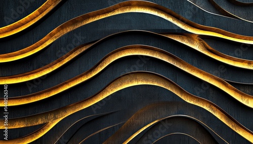 Fototapeta Naklejka Na Ścianę i Meble -  Dark wood panel with illuminated golden wave pattern