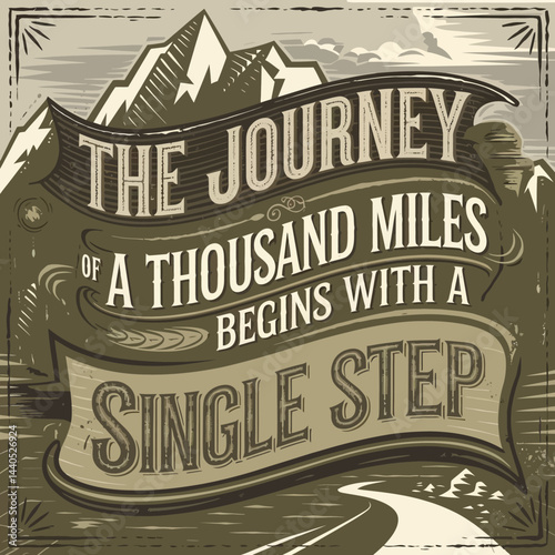 The journey of a thousand miles begins with a single step inspirational quote motivation art print ,illustration design for t-shirt
