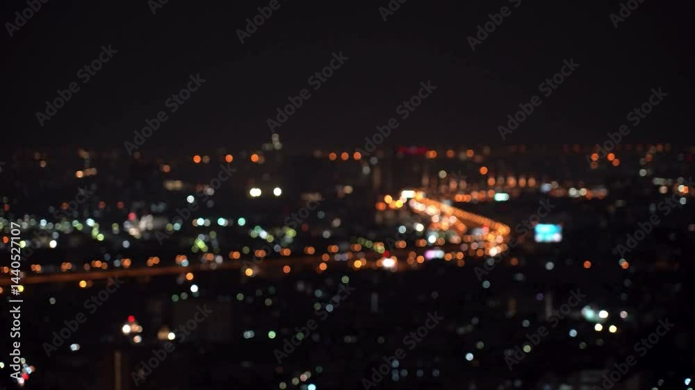 4k footage scene of blurred defocused light from traffic car and city life from top view at night time bokeh in Bangkok, Cityscape and Abstract Concept
