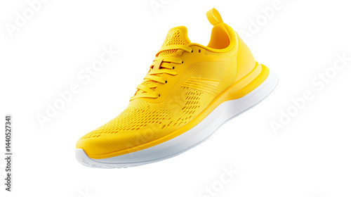 Yellow Running Shoes Floating in the Air on White Background
