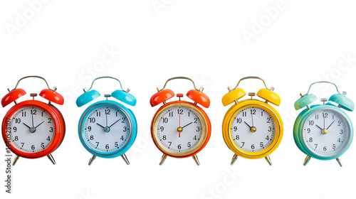 Vibrant Alarm Clocks on Blue Background - Time Management Concept