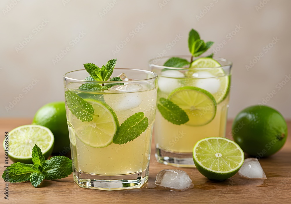 Fototapeta premium Refreshing beverage with lime and mint in clear glasses
