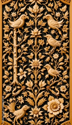 Intricate Wood Carving  Birds  Flowers  and Vines  Ornate Panel Design