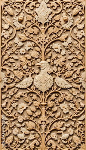 Intricate Wooden Carving  Birds  Flowers    Vines  Ornate Panel Detail