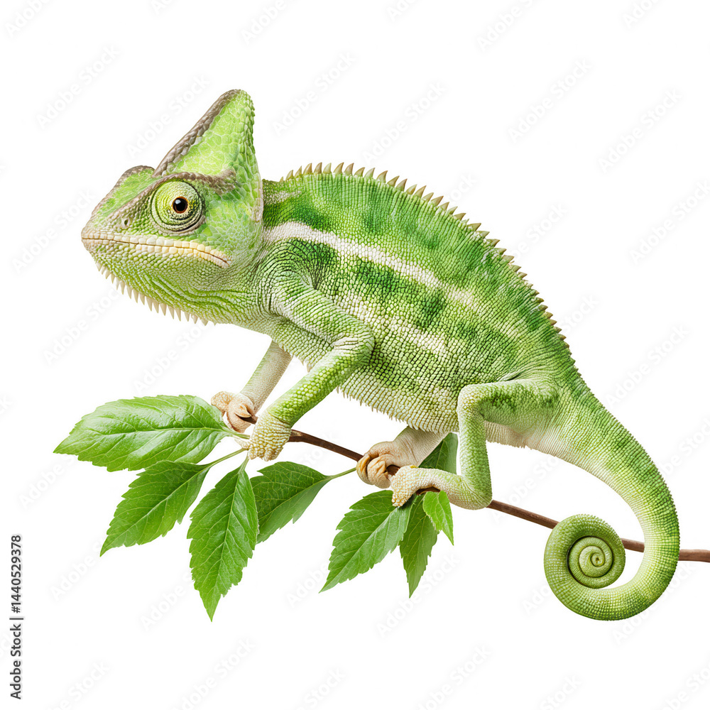 Fototapeta premium Green chameleon on branch for rebg 160 s design or presentation.