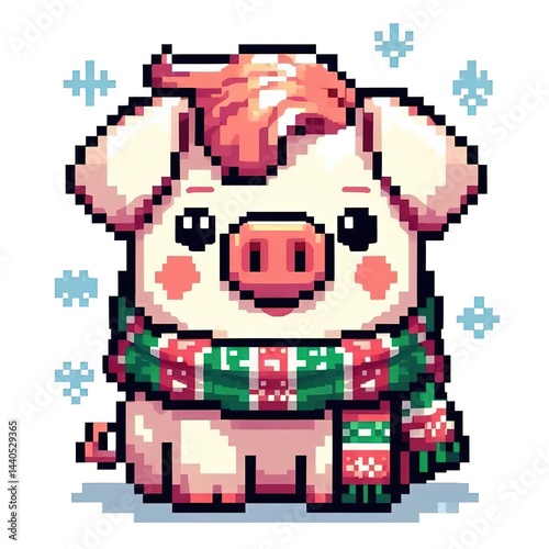 Pig cute with hairstyle and christmas scarf pixel art style creative