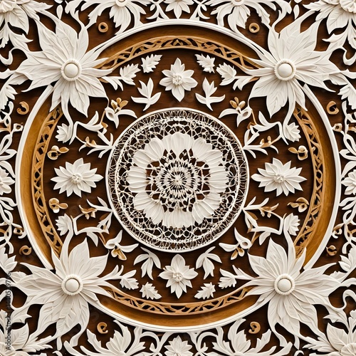 Intricate Wooden Floral Carving  Circular Design  Ornate Pattern  Relief Texture  Detailed