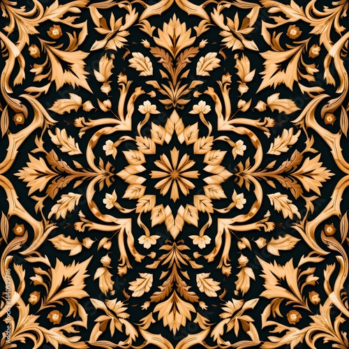 Intricate Wooden Carving  Ornate Floral Pattern  Symmetrical Design  Craftsmanship  Gold 