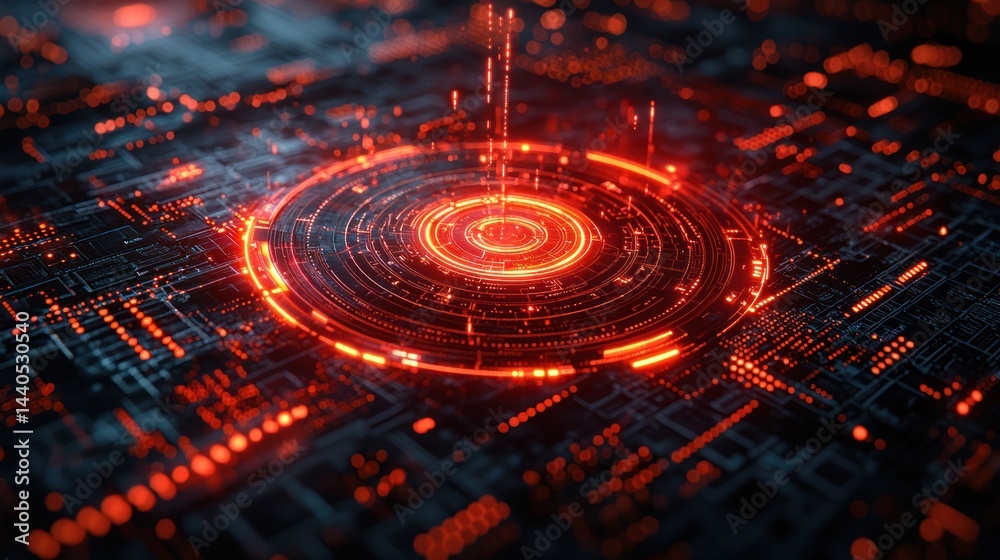 Abstract technological background with glowing red circles and circuit board elements. Abstract technological background with glowing red circles and circuit board elements.