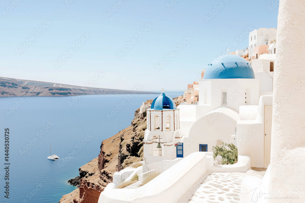 Obraz premium Picturesque Santorini Island Scene Featuring White Buildings Blue Domed Churches And Turquoise Sea Under Clear Sky