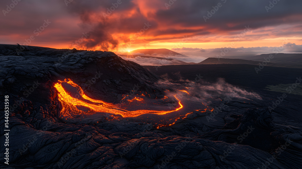 Fototapeta premium Molten lava spilling over the edge of a volcanic crater under an orange sky.
